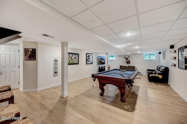 recreation room with a drop ceiling, light wood-type flooring, and pool table