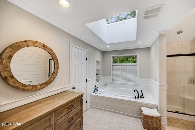 bathroom with vanity, crown molding, independent shower and bath, and a skylight