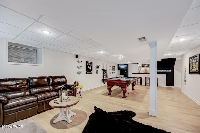 recreation room with light hardwood / wood-style flooring and billiards