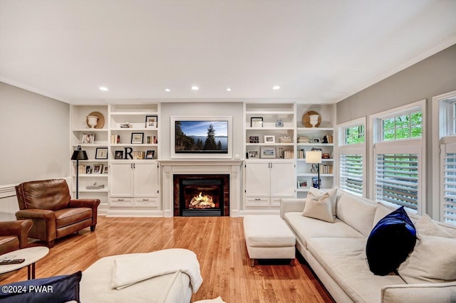 living room with built in shelves and light hardwood / wood-style flooring