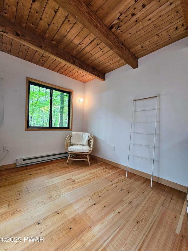 23 Highland Ln, Hawley, PA 18428 - unfurnished room featuring baseboard heating, wood-type flooring, and a wood ceiling with exposed beams