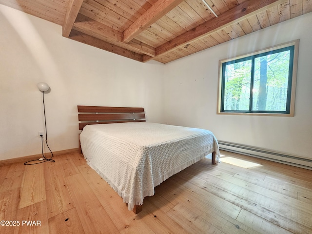 23 Highland Ln, Hawley, PA 18428 - bedroom with a wood ceiling with exposed beams, hardwood / wood-style flooring, and a baseboard heating unit