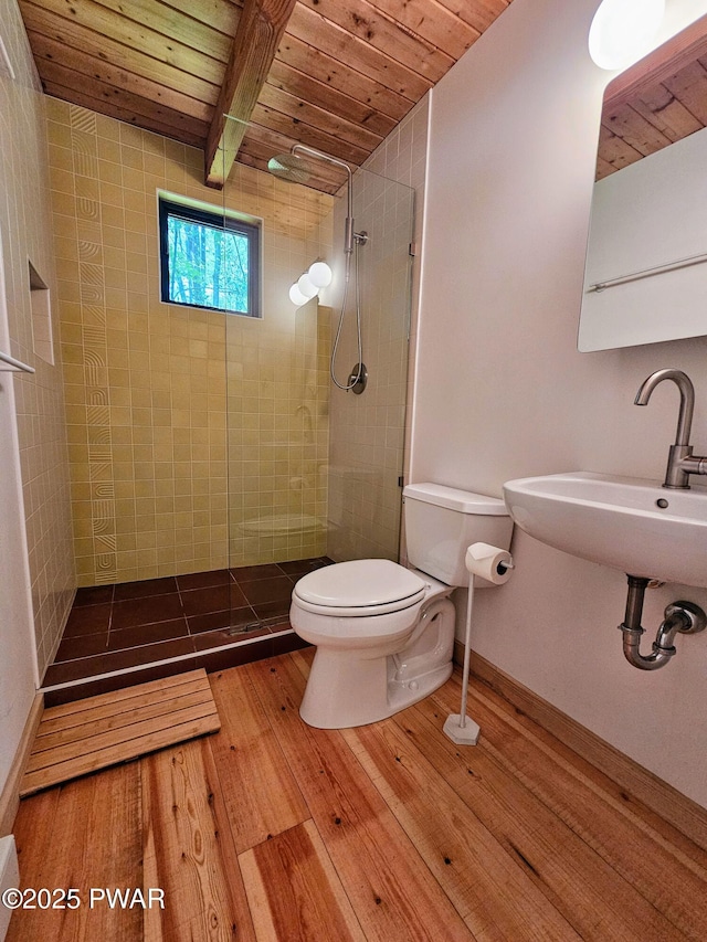 23 Highland Ln, Hawley, PA 18428 - full bath with a wood ceiling with exposed beams, walk in shower, and wood finished floors