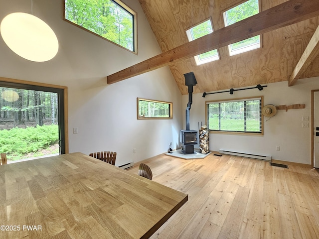 23 Highland Ln, Hawley, PA 18428 - unfurnished living room featuring baseboard heating, a wood stove, high vaulted ceiling, beamed ceiling, and wood finished floors