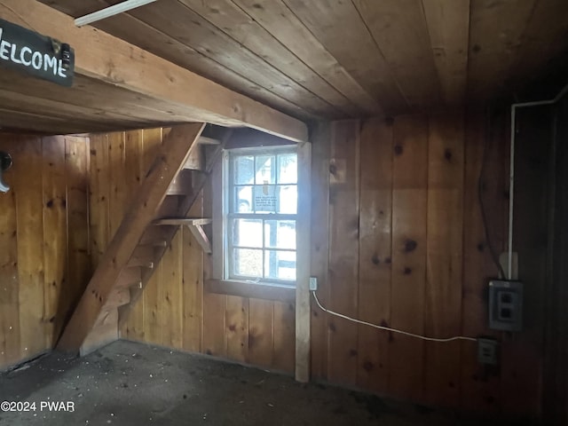 interior space featuring wood ceiling and wood walls