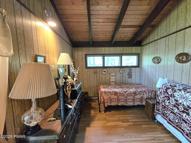 113 Widgeon Ln, Lords Valley, PA 18428 - bedroom featuring wood-type flooring, wooden walls, and wooden ceiling