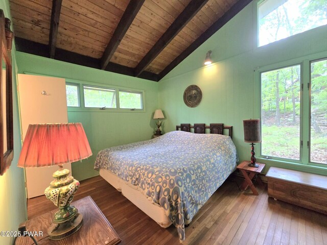 113 Widgeon Ln, Lords Valley, PA 18428 - bedroom featuring wood-type flooring, high vaulted ceiling, and wood ceiling with exposed beams