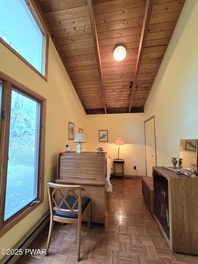 113 Widgeon Ln, Lords Valley, PA 18428 - office with wooden ceiling with exposed beams, high vaulted ceiling, and baseboard heating