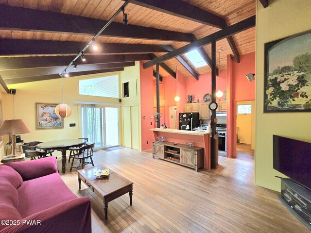 113 Widgeon Ln, Lords Valley, PA 18428 - living room with wooden ceiling with exposed beams, rail lighting, light wood-style floors, high vaulted ceiling, and a skylight