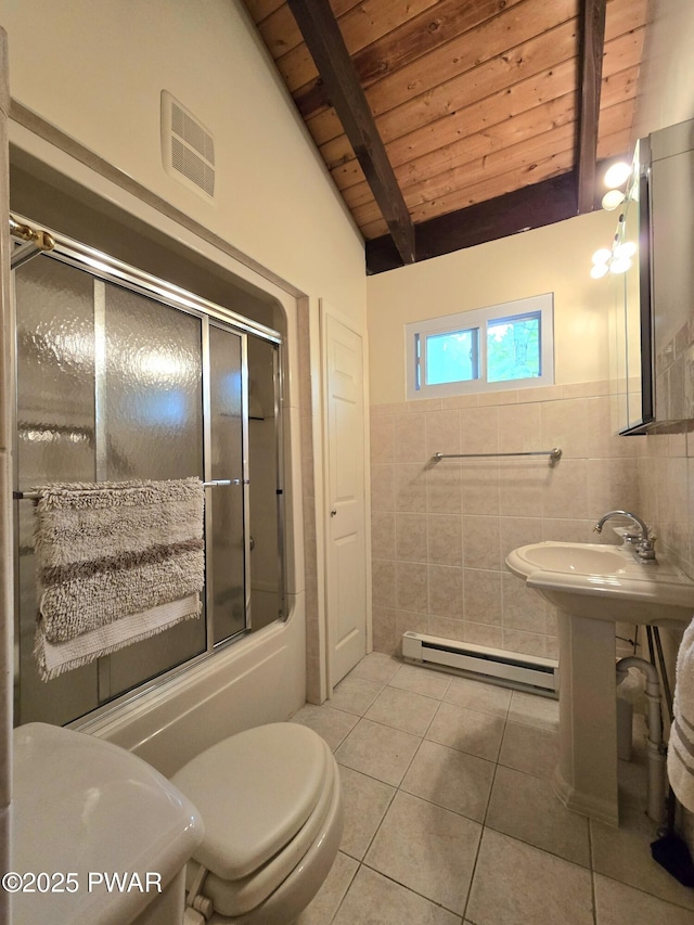 113 Widgeon Ln, Lords Valley, PA 18428 - bathroom featuring a baseboard heating unit, wooden ceiling with exposed beams, tile patterned flooring, tile walls, and shower / bath combination with glass door
