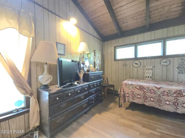 113 Widgeon Ln, Lords Valley, PA 18428 - bedroom featuring wood finished floors, wood walls, and wood ceiling