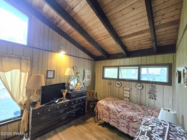 113 Widgeon Ln, Lords Valley, PA 18428 - bedroom featuring wooden walls, wood finished floors, and wooden ceiling