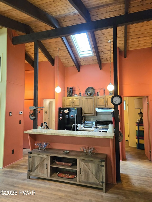 113 Widgeon Ln, Lords Valley, PA 18428 - kitchen with freestanding refrigerator, tile counters, under cabinet range hood, range, and light wood-style flooring