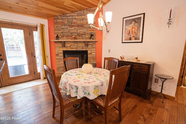 1010 Lotus Ter, Lake Ariel, PA 18436 - dining room featuring lofted ceiling, light wood-type flooring, wooden ceiling, a chandelier, and a fireplace