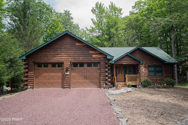 1010 Lotus Ter, Lake Ariel, PA 18436 - log home featuring log exterior, driveway, an attached garage, and covered porch