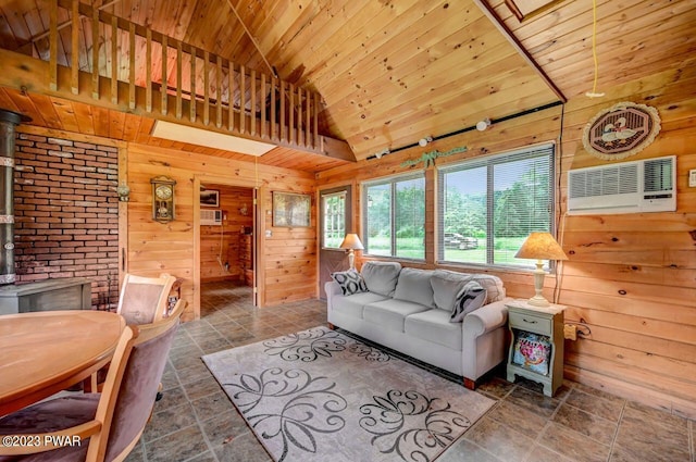 living room featuring a wall mounted air conditioner, wood walls, wood ceiling, and high vaulted ceiling