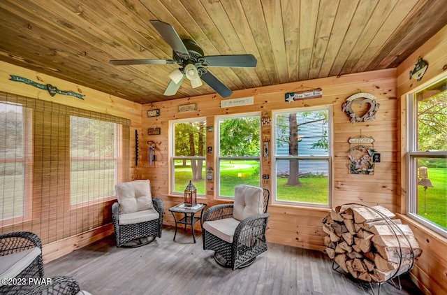 sunroom / solarium featuring ceiling fan and wooden ceiling