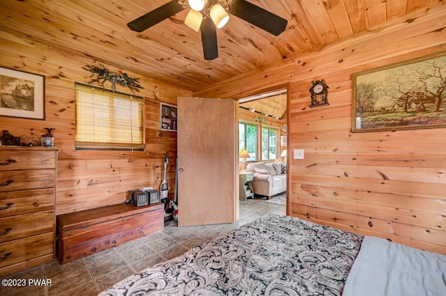 bedroom featuring wood walls, ceiling fan, and wooden ceiling