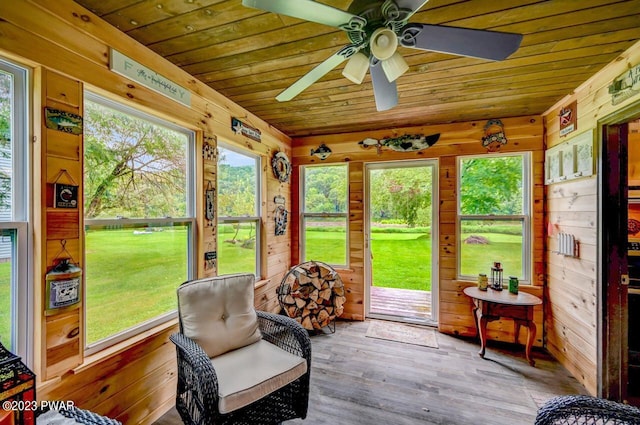 sunroom featuring ceiling fan and wooden ceiling