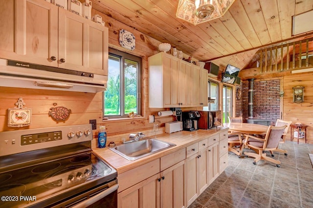 kitchen with stainless steel electric stove, sink, wooden ceiling, a wood stove, and wood walls