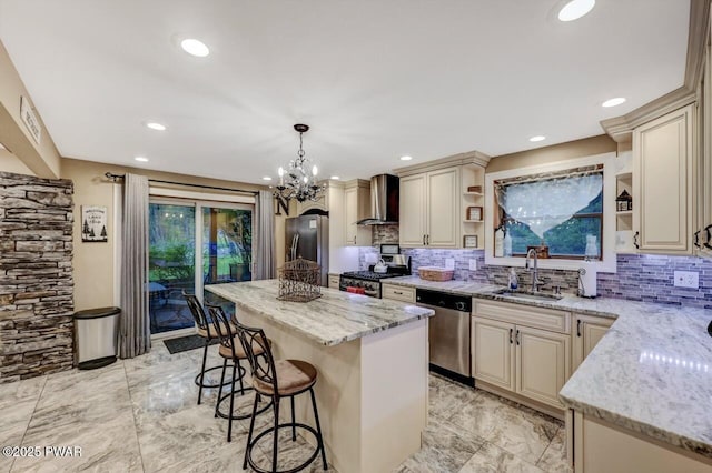 kitchen featuring appliances with stainless steel finishes, open shelves, and cream cabinetry