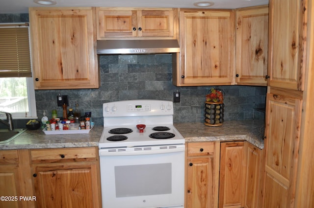292 Well Rd, Greeley, PA 18425 - kitchen featuring white electric stove, extractor fan, light brown cabinets, and tasteful backsplash