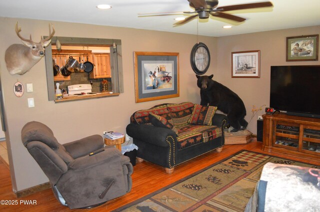 292 Well Rd, Greeley, PA 18425 - living room featuring ceiling fan, wood finished floors, and recessed lighting