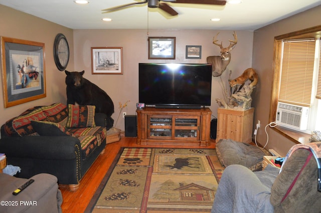 292 Well Rd, Greeley, PA 18425 - living area with ceiling fan, wood finished floors, recessed lighting, and cooling unit
