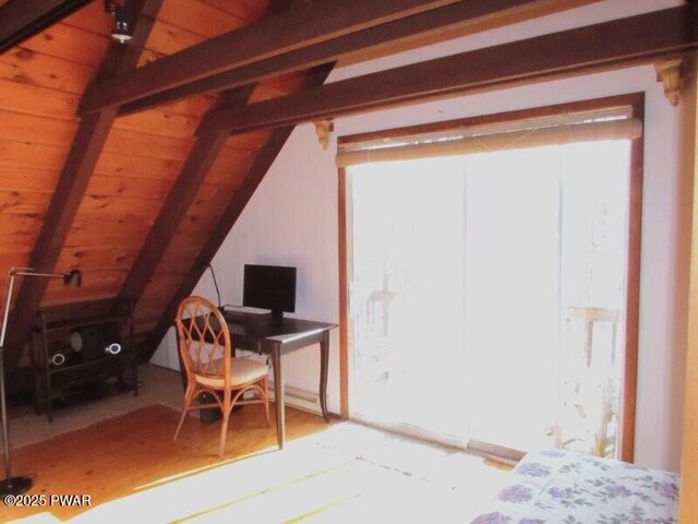 interior space with wood ceiling, lofted ceiling with beams, and wood finished floors