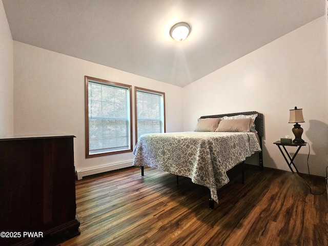 115 Deer Path, Tafton, PA 18464 - bedroom with a baseboard radiator, dark wood-style floors, and lofted ceiling