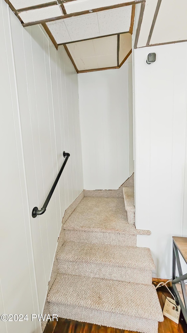 stairway featuring wooden walls