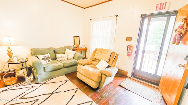 living room with wood-type flooring and crown molding