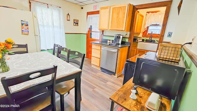 kitchen with a paneled ceiling, stainless steel dishwasher, sink, light hardwood / wood-style flooring, and white fridge