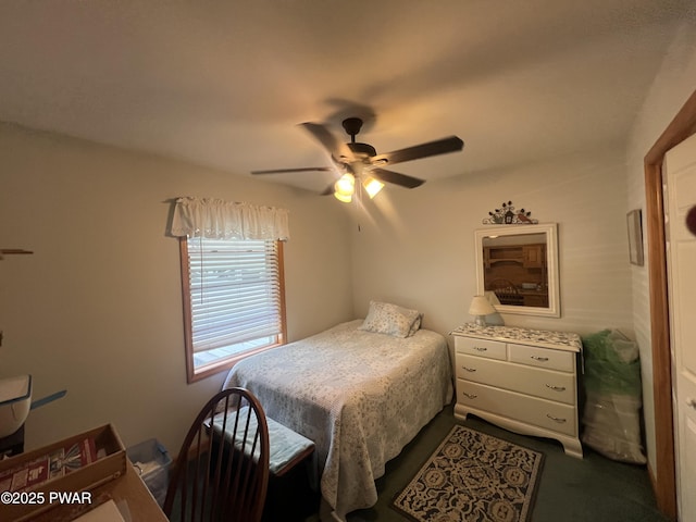 111 Bluestone Dr, Lords Valley, PA 18428 - bedroom featuring dark colored carpet and ceiling fan