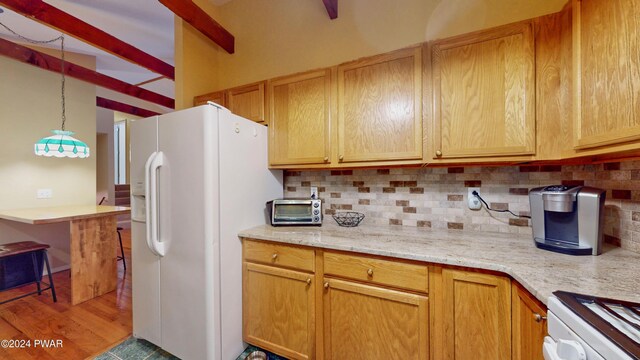 kitchen with beam ceiling, light stone countertops, tasteful backsplash, light hardwood / wood-style flooring, and white appliances