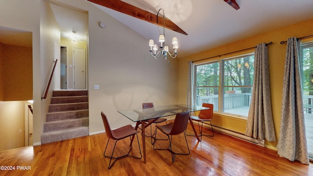 dining room with hardwood / wood-style floors, vaulted ceiling with beams, a baseboard radiator, and a notable chandelier