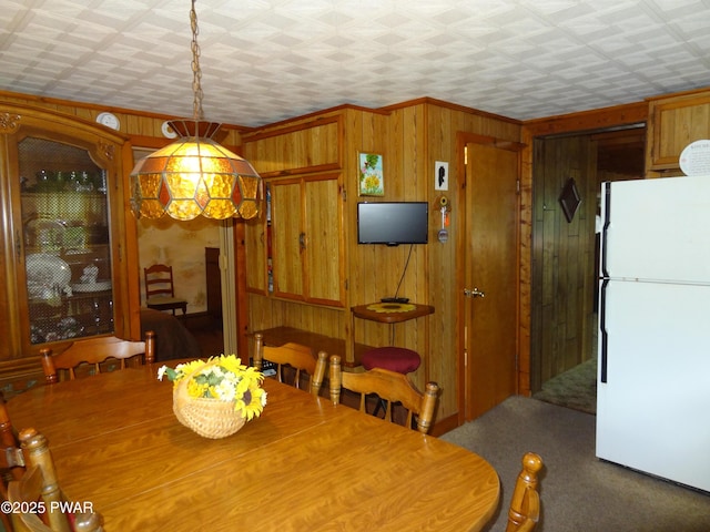 58 Branch Rd, Greentown, PA 18426 - carpeted dining space featuring an ornate ceiling and wooden walls