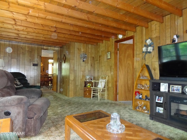 58 Branch Rd, Greentown, PA 18426 - carpeted living room with wood walls and wooden ceiling with exposed beams