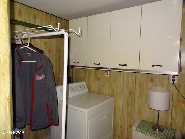 58 Branch Rd, Greentown, PA 18426 - laundry area with washer / clothes dryer, cabinet space, and wooden walls