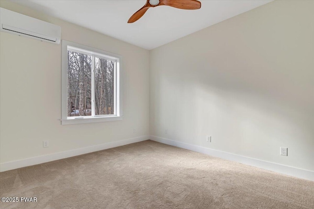 unfurnished room with ceiling fan, a wall mounted air conditioner, and carpet floors