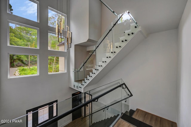 stairway with hardwood / wood-style floors, plenty of natural light, and a high ceiling