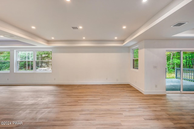 empty room featuring a raised ceiling and light wood-type flooring