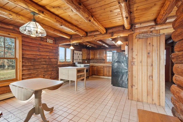 kitchen featuring beam ceiling, sink, log walls, wooden ceiling, and black fridge