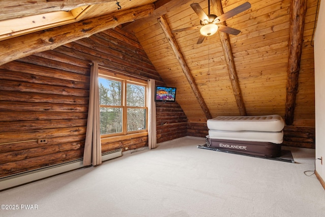 interior space featuring ceiling fan, log walls, wooden ceiling, baseboard heating, and lofted ceiling with beams