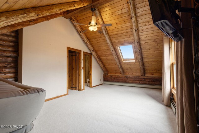 additional living space featuring rustic walls, ceiling fan, vaulted ceiling with skylight, and wooden ceiling