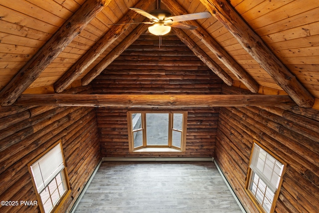 bonus room featuring beam ceiling, dark hardwood / wood-style flooring, wood ceiling, and high vaulted ceiling