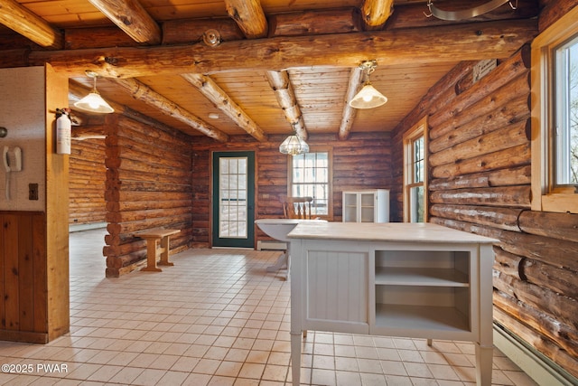 kitchen with log walls, pendant lighting, beamed ceiling, and wooden ceiling