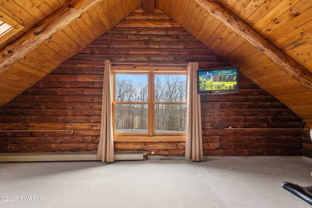 additional living space featuring baseboard heating, wood ceiling, lofted ceiling with beams, and carpet