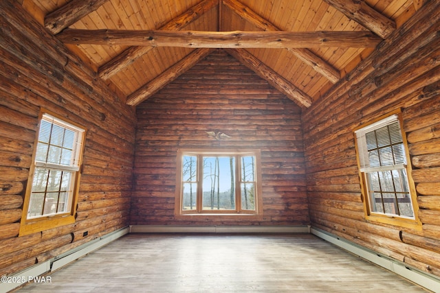 unfurnished room with log walls, beam ceiling, high vaulted ceiling, and hardwood / wood-style floors