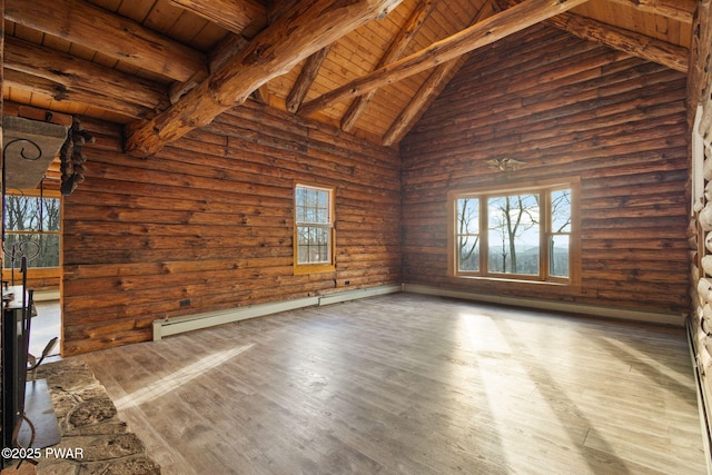 unfurnished living room featuring wooden ceiling, plenty of natural light, beamed ceiling, and a baseboard radiator